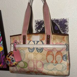 Coach Scribble Tote Bag with Pink Handles